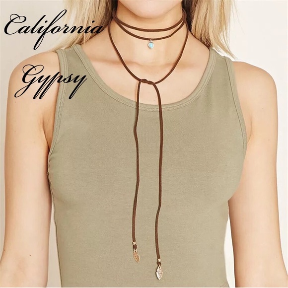 Boho western Gypsy hippie suede leaf stone choker - Picture 1 of 4